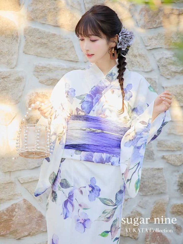 画像2: 【即日発送】【浴衣】白地に水彩牡丹のクラシック浴衣 グラデーション帯 【浴衣３点セット 浴衣/帯/下駄】[YMT] (2)