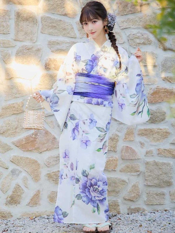 画像4: 【即日発送】【浴衣】白地に水彩牡丹のクラシック浴衣 グラデーション帯 【浴衣３点セット 浴衣/帯/下駄】[YMT] (4)