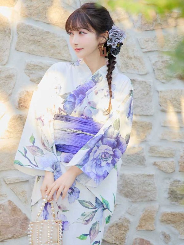 画像9: 【即日発送】【浴衣】白地に水彩牡丹のクラシック浴衣 グラデーション帯 【浴衣３点セット 浴衣/帯/下駄】[YMT] (9)