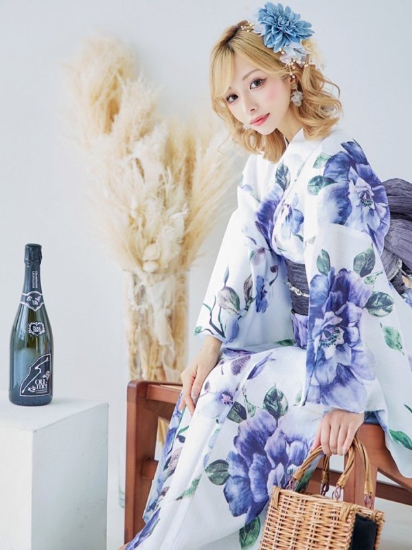 画像10: 【即日発送！】【浴衣】白地に水彩牡丹のクラシック浴衣 グラデーション帯 【浴衣３点セット 浴衣/帯/下駄】[YMT] (10)