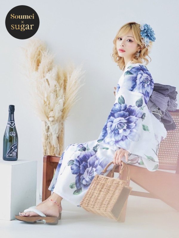 画像2: 【即日発送！】【浴衣】白地に水彩牡丹のクラシック浴衣 グラデーション帯 【浴衣３点セット 浴衣/帯/下駄】[YMT] (2)