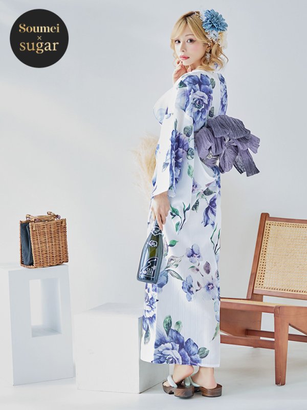 画像3: 【即日発送！】【浴衣】白地に水彩牡丹のクラシック浴衣 グラデーション帯 【浴衣３点セット 浴衣/帯/下駄】[YMT] (3)