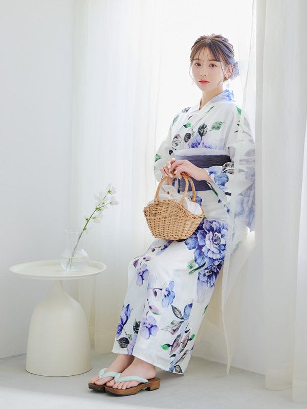 画像13: 【即日発送】【浴衣】白地に水彩牡丹のクラシック浴衣 グラデーション帯 【浴衣３点セット 浴衣/帯/下駄】[YMT] (13)