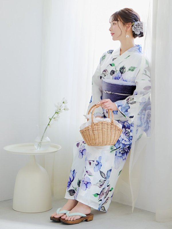 画像14: 【即日発送】【浴衣】白地に水彩牡丹のクラシック浴衣 グラデーション帯 【浴衣３点セット 浴衣/帯/下駄】[YMT] (14)