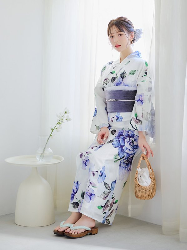 画像15: 【即日発送】【浴衣】白地に水彩牡丹のクラシック浴衣 グラデーション帯 【浴衣３点セット 浴衣/帯/下駄】[YMT] (15)