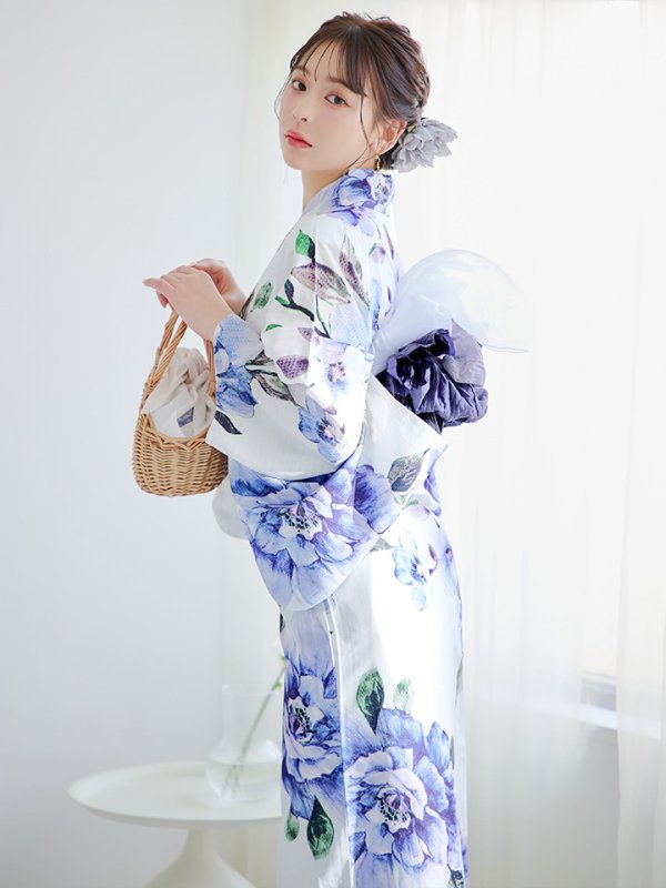 画像3: 【即日発送】【浴衣】白地に水彩牡丹のクラシック浴衣 グラデーション帯 【浴衣３点セット 浴衣/帯/下駄】[YMT] (3)