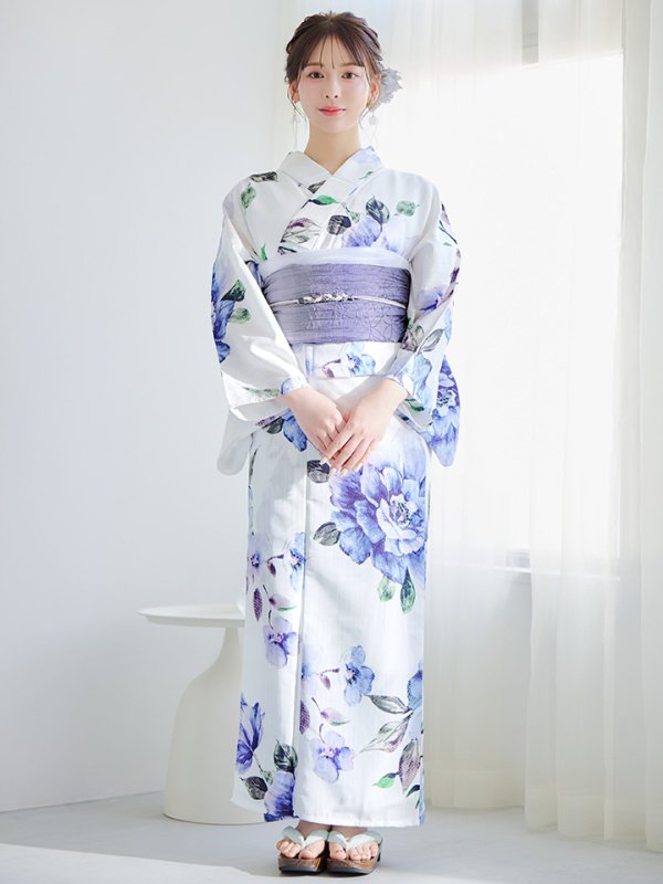 画像4: 【即日発送】【浴衣】白地に水彩牡丹のクラシック浴衣 グラデーション帯 【浴衣３点セット 浴衣/帯/下駄】[YMT] (4)