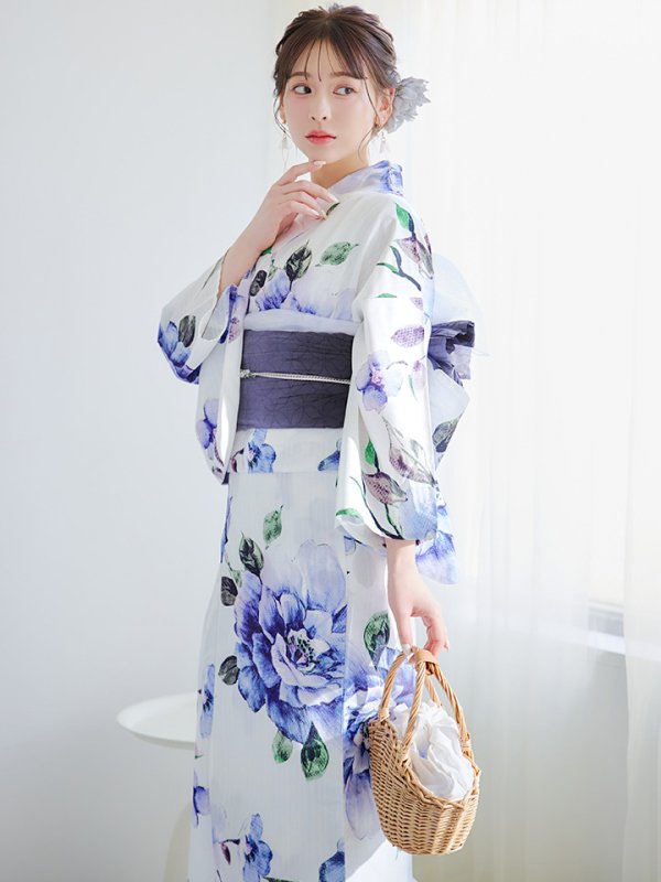 画像5: 【即日発送】【浴衣】白地に水彩牡丹のクラシック浴衣 グラデーション帯 【浴衣３点セット 浴衣/帯/下駄】[YMT] (5)