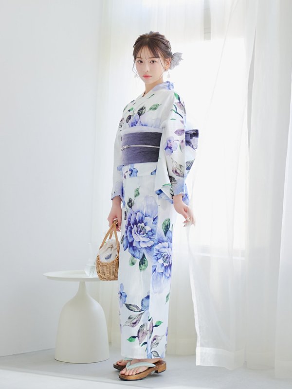 画像7: 【即日発送】【浴衣】白地に水彩牡丹のクラシック浴衣 グラデーション帯 【浴衣３点セット 浴衣/帯/下駄】[YMT] (7)