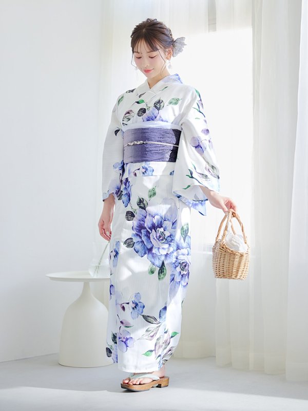画像8: 【即日発送】【浴衣】白地に水彩牡丹のクラシック浴衣 グラデーション帯 【浴衣３点セット 浴衣/帯/下駄】[YMT] (8)