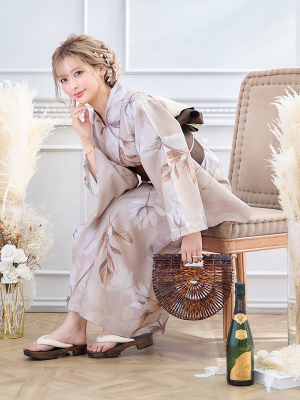 画像12: 【即日発送】【浴衣】ホワイトフラワーブラウン浴衣  【浴衣３点セット 浴衣/帯/下駄】 [ yhg / YMT ] (12)