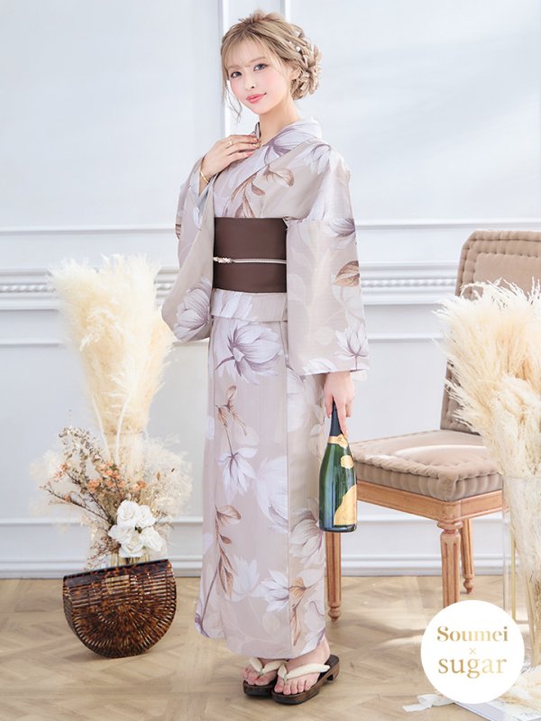 画像2: 【即日発送】【浴衣】ホワイトフラワーブラウン浴衣  【浴衣３点セット 浴衣/帯/下駄】 [ yhg / YMT ] (2)