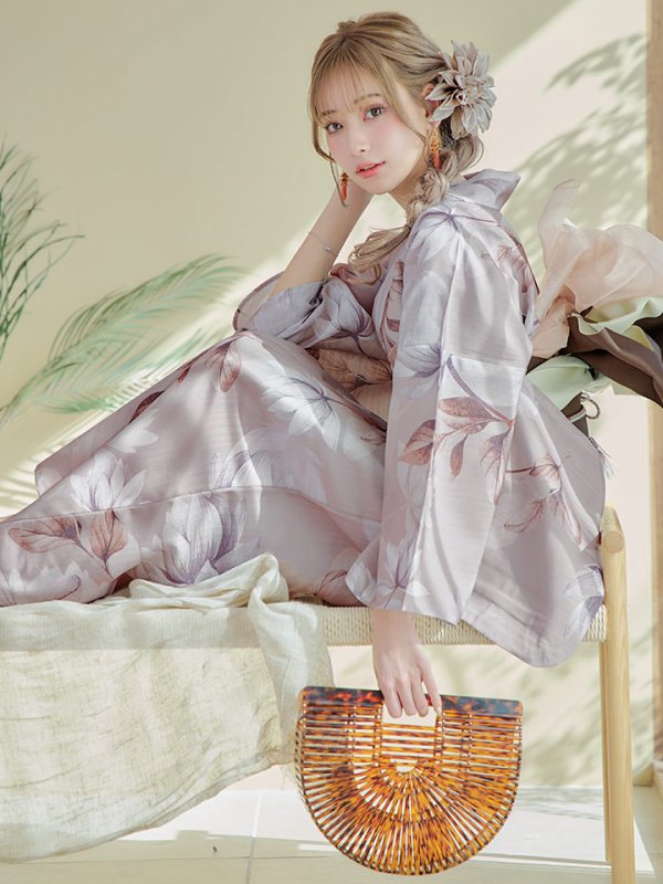 画像10: 【即日発送！】【浴衣】ホワイトフラワーブラウン浴衣【浴衣３点セット 浴衣/帯/下駄】[OF04] (10)