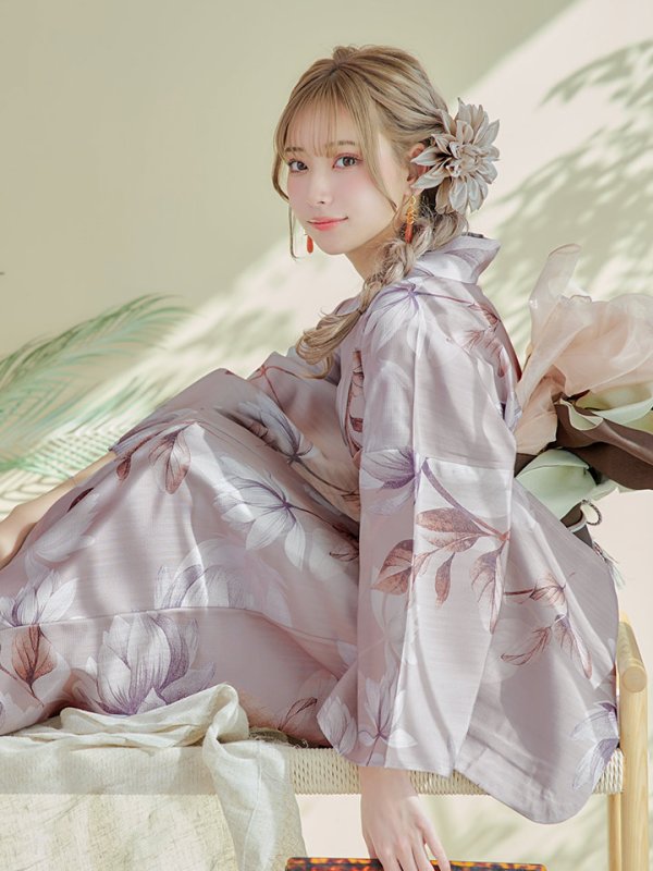 画像12: 【即日発送！】【浴衣】ホワイトフラワーブラウン浴衣【浴衣３点セット 浴衣/帯/下駄】[OF04] (12)