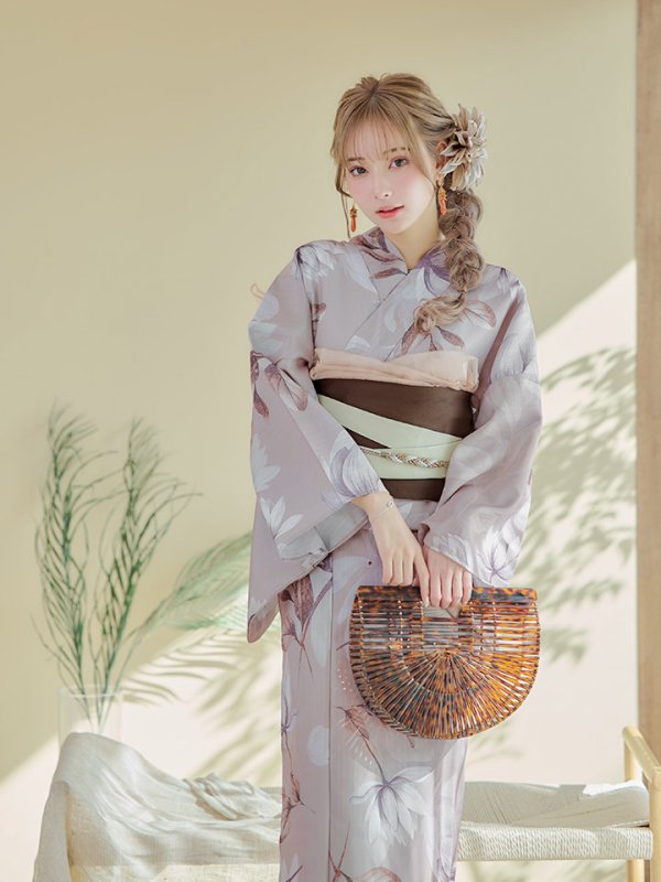 画像14: 【即日発送！】【浴衣】ホワイトフラワーブラウン浴衣【浴衣３点セット 浴衣/帯/下駄】[OF04] (14)