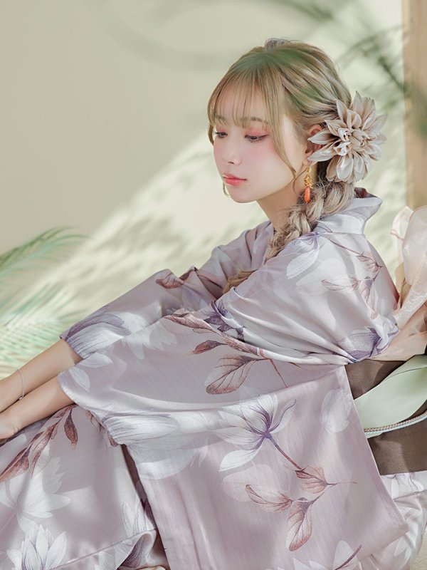 画像15: 【即日発送！】【浴衣】ホワイトフラワーブラウン浴衣【浴衣３点セット 浴衣/帯/下駄】[OF04] (15)