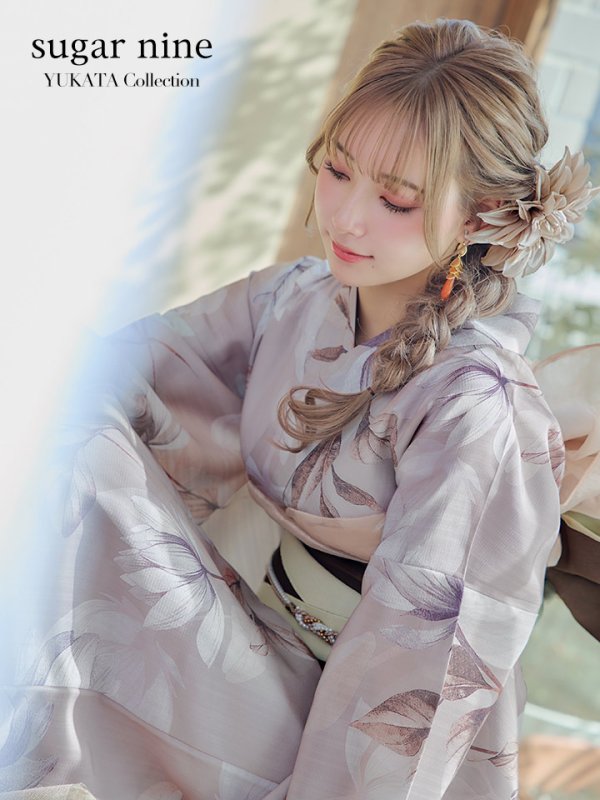 画像2: 【即日発送！】【浴衣】ホワイトフラワーブラウン浴衣【浴衣３点セット 浴衣/帯/下駄】[OF04] (2)