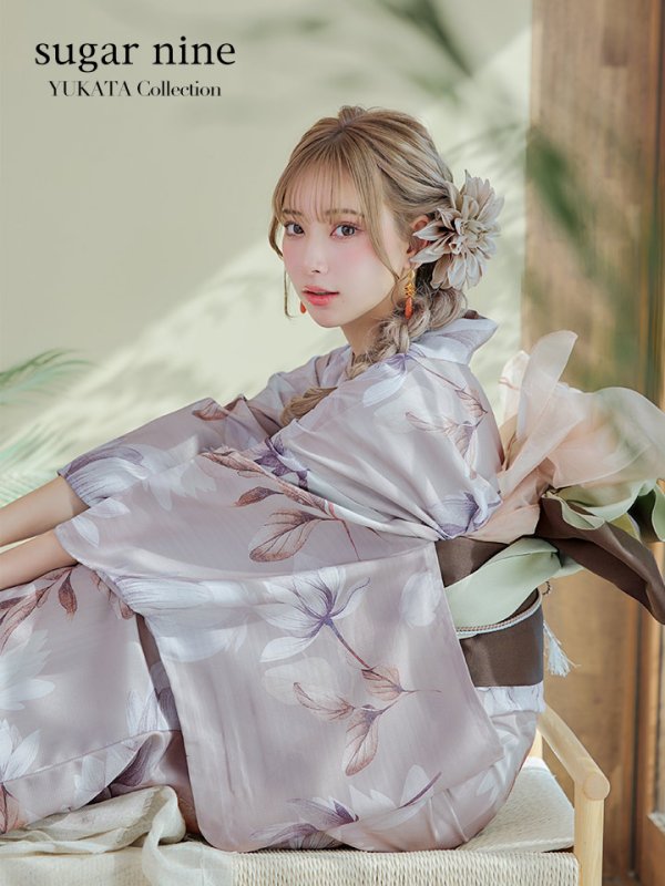 画像3: 【即日発送！】【浴衣】ホワイトフラワーブラウン浴衣【浴衣３点セット 浴衣/帯/下駄】[OF04] (3)