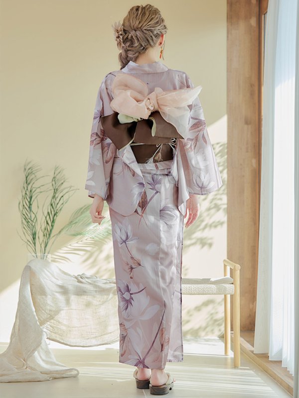 画像8: 【即日発送！】【浴衣】ホワイトフラワーブラウン浴衣【浴衣３点セット 浴衣/帯/下駄】[OF04] (8)