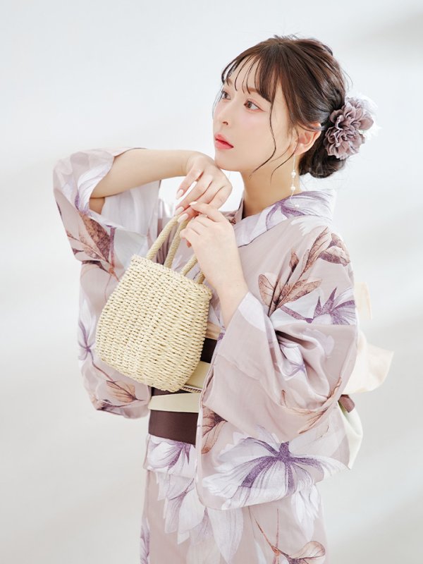 画像14: 【即日発送】【浴衣】ホワイトフラワーブラウン浴衣  【浴衣３点セット 浴衣/帯/下駄】[YMT] (14)