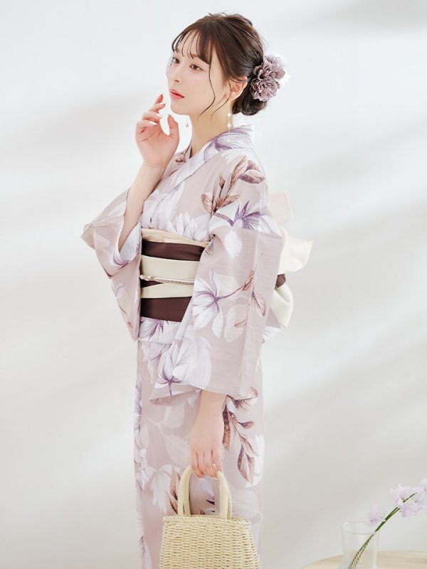画像3: 【即日発送】【浴衣】ホワイトフラワーブラウン浴衣  【浴衣３点セット 浴衣/帯/下駄】[YMT] (3)