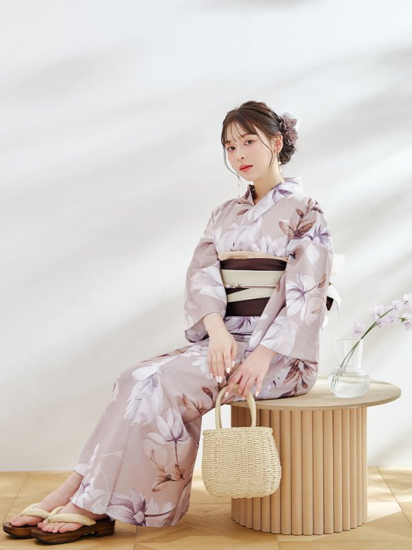 画像7: 【即日発送】【浴衣】ホワイトフラワーブラウン浴衣  【浴衣３点セット 浴衣/帯/下駄】[YMT] (7)