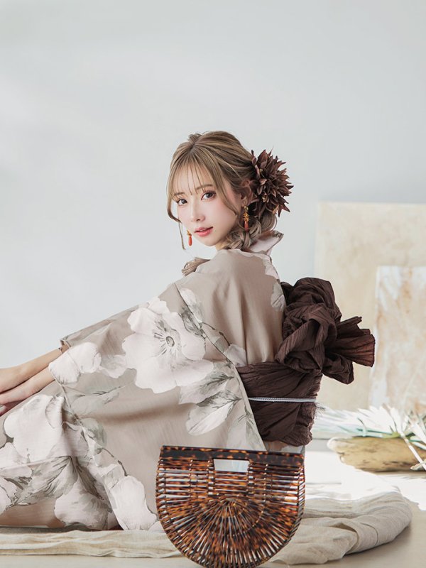 画像10: 【即日発送】ベージュ地にアネモネの大人花浴衣  【浴衣３点セット 浴衣/帯/下駄】[YMT] (10)