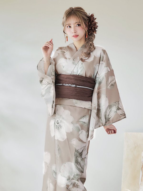 画像11: 【即日発送】ベージュ地にアネモネの大人花浴衣  【浴衣３点セット 浴衣/帯/下駄】[YMT] (11)