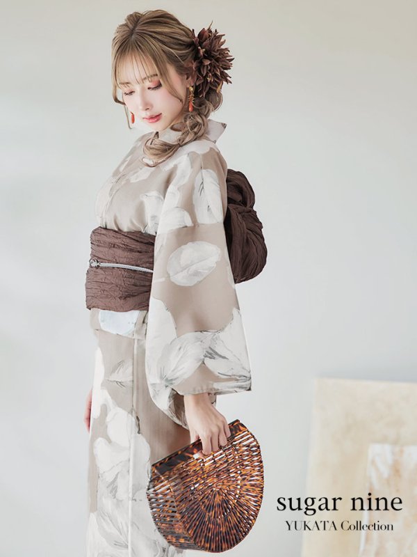 画像2: 【即日発送】ベージュ地にアネモネの大人花浴衣  【浴衣３点セット 浴衣/帯/下駄】[YMT] (2)