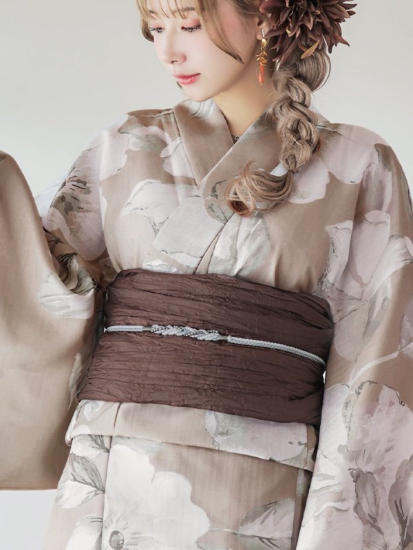 画像4: 【即日発送】ベージュ地にアネモネの大人花浴衣  【浴衣３点セット 浴衣/帯/下駄】[YMT] (4)