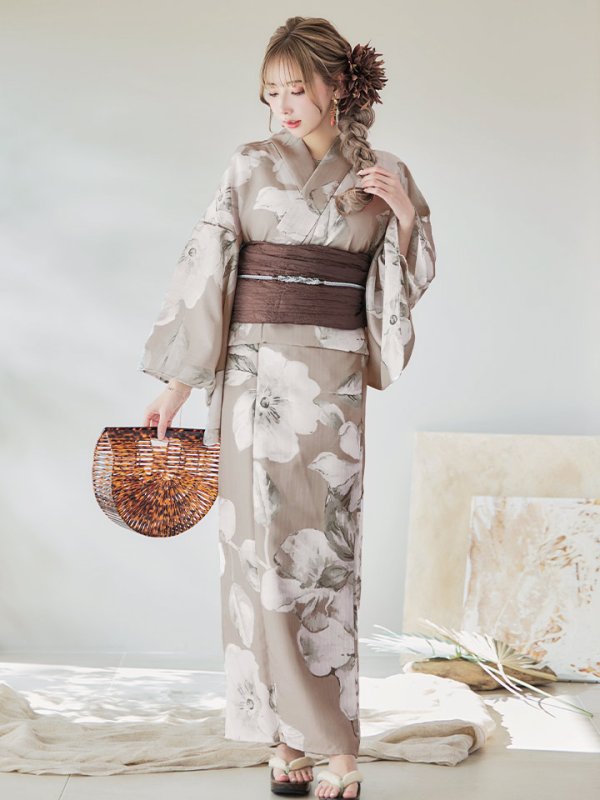 画像8: 【即日発送】ベージュ地にアネモネの大人花浴衣  【浴衣３点セット 浴衣/帯/下駄】[YMT] (8)