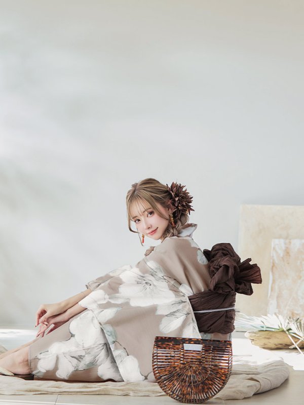 画像9: 【即日発送】ベージュ地にアネモネの大人花浴衣  【浴衣３点セット 浴衣/帯/下駄】[YMT] (9)