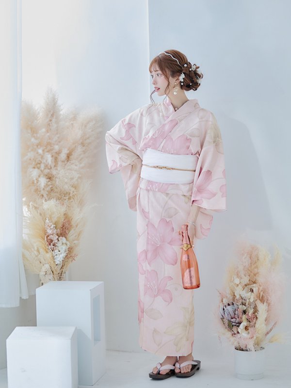 画像12: 【即日発送！】【浴衣】大人スウィート/ピンク地x百合浴衣  【浴衣３点セット 浴衣/帯/下駄】[FB02] (12)