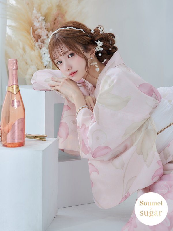 画像2: 【即日発送！】【浴衣】大人スウィート/ピンク地x百合浴衣  【浴衣３点セット 浴衣/帯/下駄】[FB02] (2)