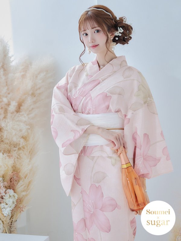 画像3: 【即日発送！】【浴衣】大人スウィート/ピンク地x百合浴衣  【浴衣３点セット 浴衣/帯/下駄】[FB02] (3)