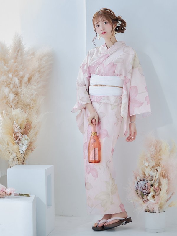 画像4: 【即日発送！】【浴衣】大人スウィート/ピンク地x百合浴衣  【浴衣３点セット 浴衣/帯/下駄】[FB02] (4)