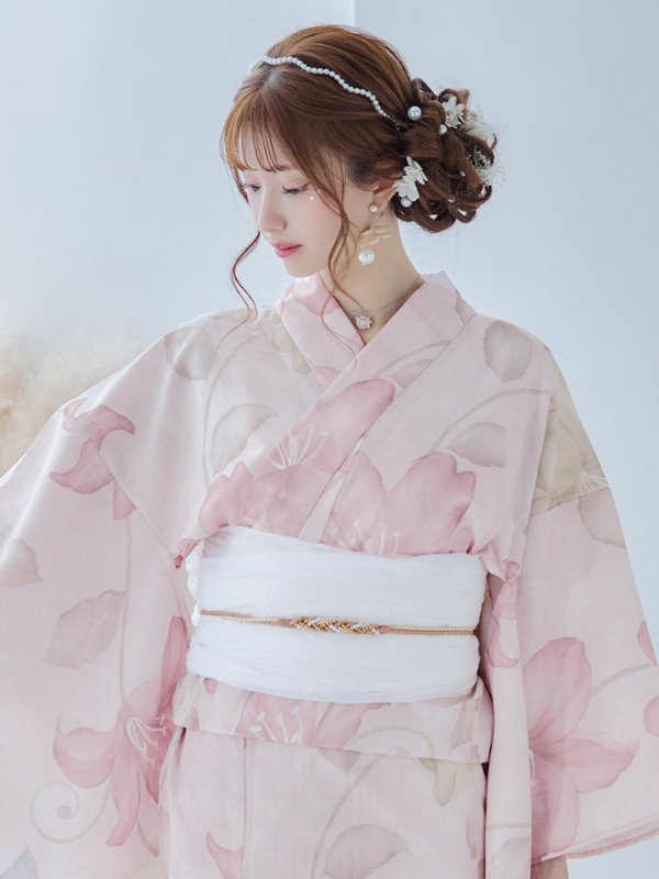 画像5: 【即日発送！】【浴衣】大人スウィート/ピンク地x百合浴衣  【浴衣３点セット 浴衣/帯/下駄】[FB02] (5)