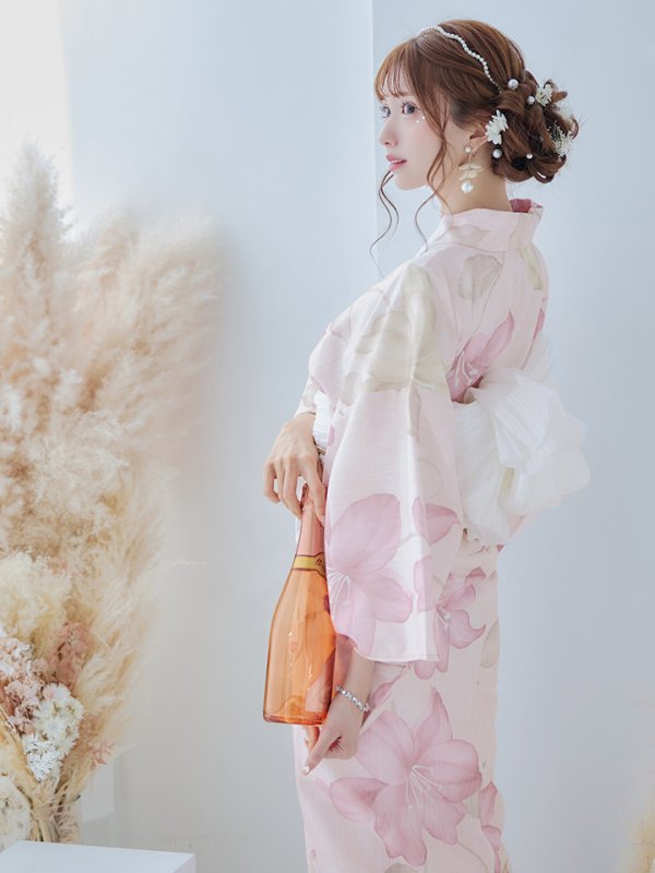 画像8: 【即日発送！】【浴衣】大人スウィート/ピンク地x百合浴衣  【浴衣３点セット 浴衣/帯/下駄】[FB02] (8)