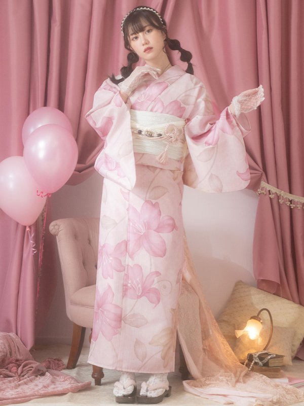 画像4: 【即日発送！】【浴衣】大人スウィート/ピンク地x百合浴衣【浴衣３点セット 浴衣/帯/下駄】[FB02] (4)