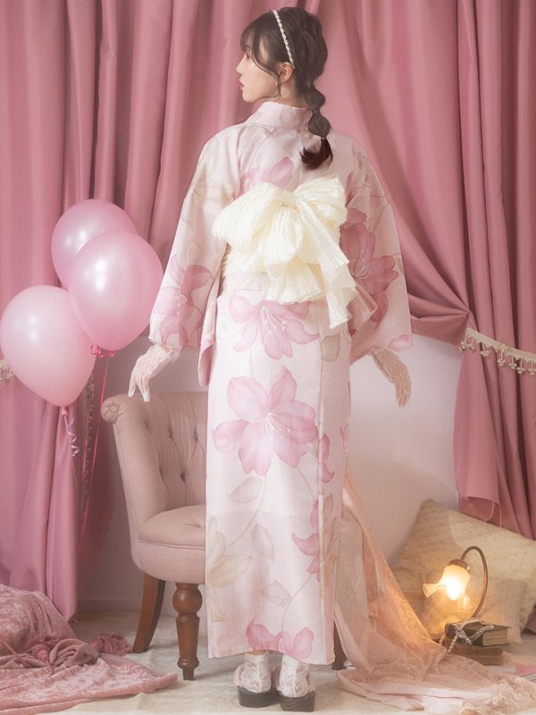 画像8: 【即日発送！】【浴衣】大人スウィート/ピンク地x百合浴衣【浴衣３点セット 浴衣/帯/下駄】[FB02] (8)