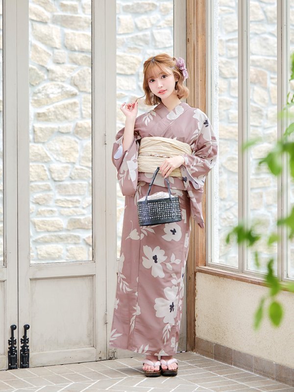 画像4: 【浴衣セール！】【即日発送】 ブラウン地xシルエットフラワー 牡丹柄浴衣【浴衣３点セット 浴衣/帯/下駄】[YMT] (4)