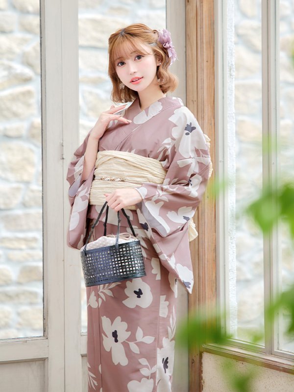 画像14: 【浴衣セール！】【即日発送】 ブラウン地xシルエットフラワー 牡丹柄浴衣【浴衣３点セット 浴衣/帯/下駄】[YMT] (14)