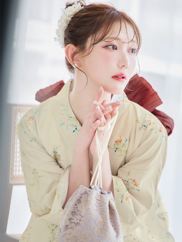 画像10: 【即日発送】【浴衣セール！】ベージュ地×小花柄浴衣  【浴衣３点セット 浴衣/帯/下駄】[YMT] (10)