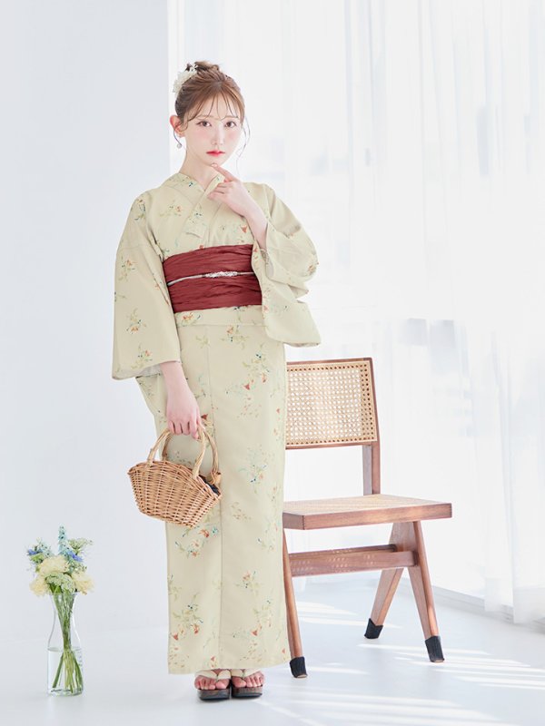 画像11: 【即日発送】【浴衣セール！】ベージュ地×小花柄浴衣  【浴衣３点セット 浴衣/帯/下駄】[YMT] (11)