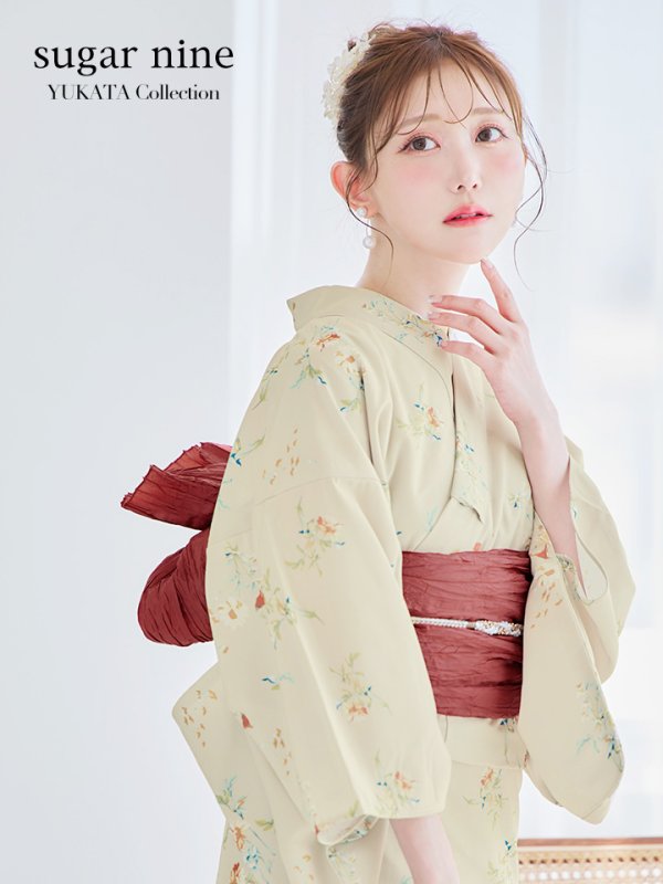 画像3: 【即日発送】【浴衣セール！】ベージュ地×小花柄浴衣  【浴衣３点セット 浴衣/帯/下駄】[YMT] (3)