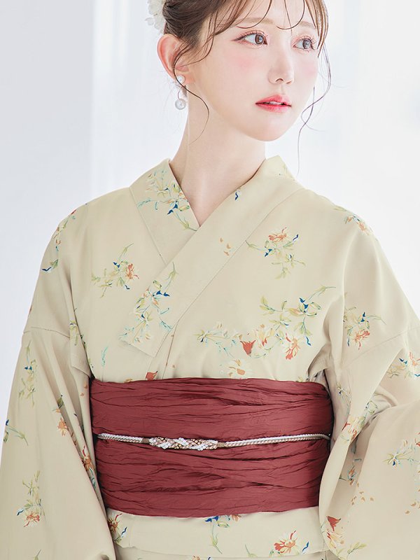 画像5: 【即日発送】【浴衣セール！】ベージュ地×小花柄浴衣  【浴衣３点セット 浴衣/帯/下駄】[YMT] (5)