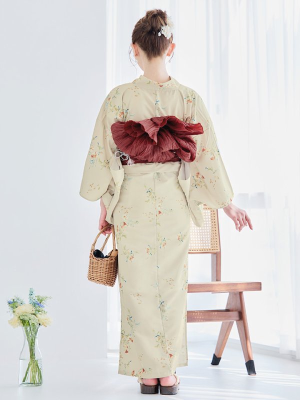 画像8: 【即日発送】【浴衣セール！】ベージュ地×小花柄浴衣  【浴衣３点セット 浴衣/帯/下駄】[YMT] (8)