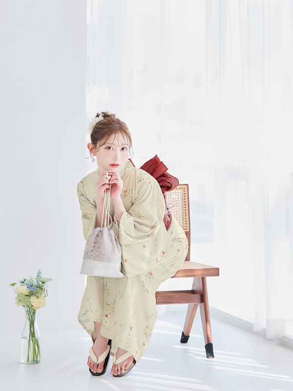 画像9: 【即日発送】【浴衣セール！】ベージュ地×小花柄浴衣  【浴衣３点セット 浴衣/帯/下駄】[YMT] (9)