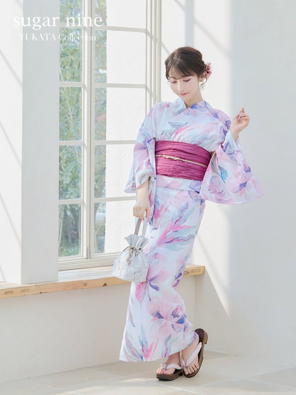 画像2: 【即日発送】大人スウィート/水彩フラワー 牡丹柄 浴衣  【浴衣３点セット 浴衣/帯/下駄】[YMT] (2)