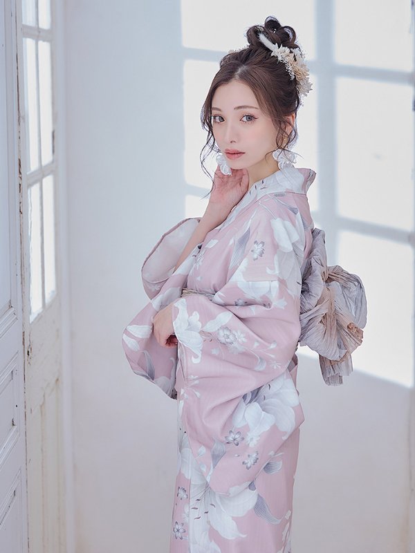 画像12: 【即日発送】【浴衣セール！】【浴衣】大人スウィート/ ピンク地に百合の大人浴衣  【浴衣３点セット 浴衣/帯/下駄】[YMT] (12)